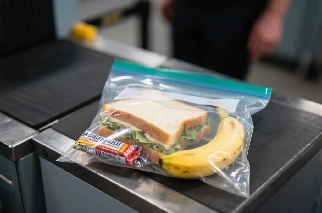 透明食品袋里装着简易三明治和能量棒,放在安检桌上