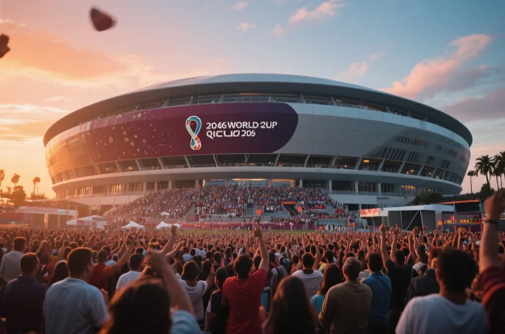 2026年世界杯现代化体育场外聚集的狂欢球迷