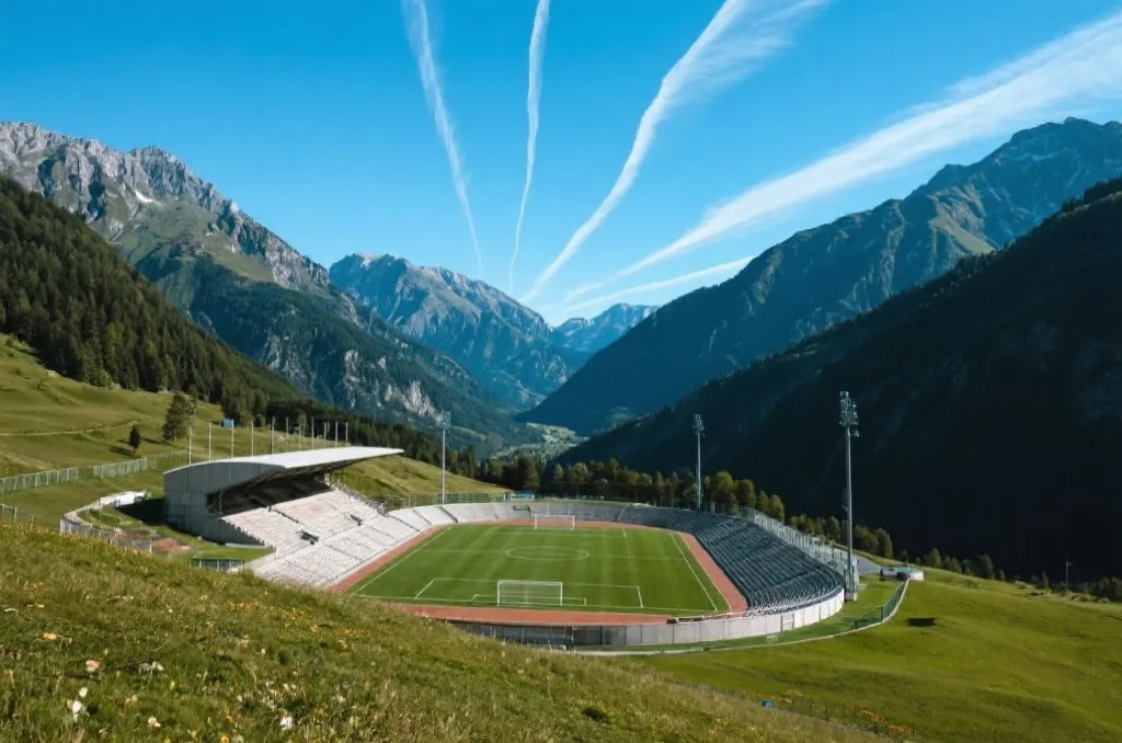 An outdoor soccer stadium nestled high in a mountainous valley under a clear blue sky, showing altitude lines abstractly.